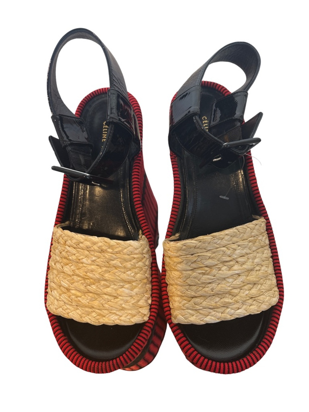 Celine Black Patent Leather & Natural Raffia Platform Sandals